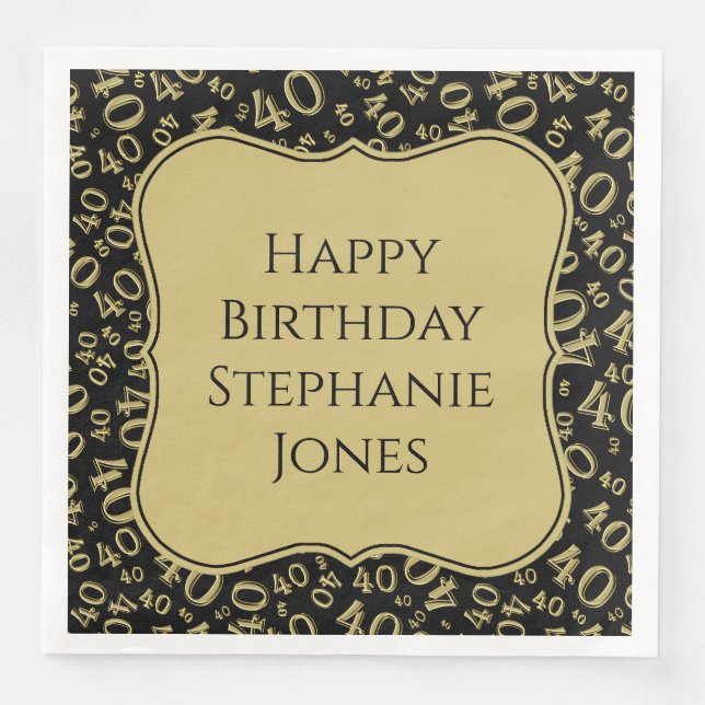 40th Birthday Black/Gold Bracket Number Pattern Paper Dinner Napkins (Front)