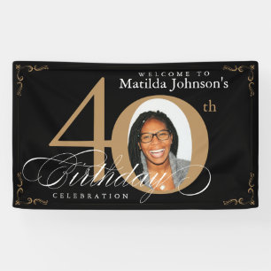 40th Birthday Black Gold Calligraphy Custom Photo Banner