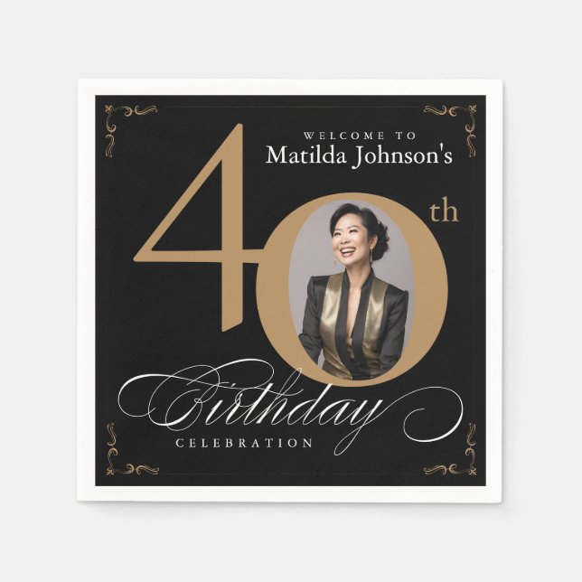 40th Birthday Black Gold Calligraphy Custom Photo Napkins (Front)