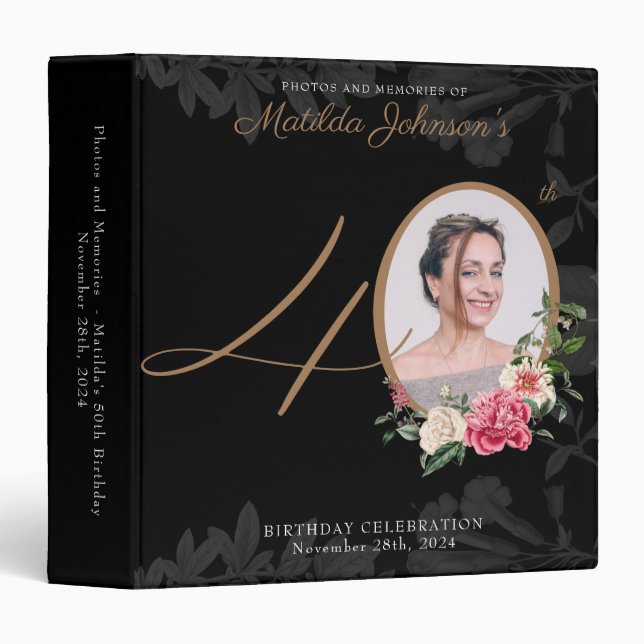 40th Birthday Black Gold Classy Photo Album Floral 3 Ring Binder (Front/Spine)