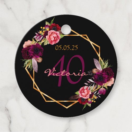 40th birthday black gold floral burgundy thank you favor tags