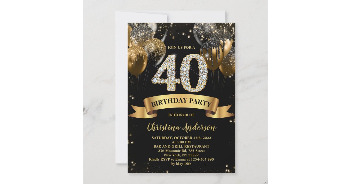 40th Birthday Black Gold Glitter Balloons Invitation | Zazzle