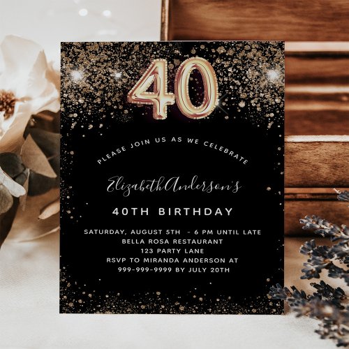 40th birthday black gold glitter budget invitation flyer