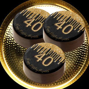 40th birthday black gold glitter drips name chocolate covered oreo