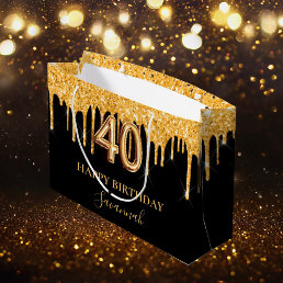 40th birthday black gold glitter drips name large gift bag