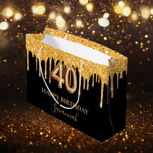 40th birthday black gold glitter drips name large gift bag
