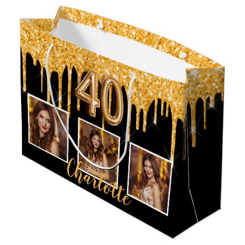 40th birthday black gold glitter drips photo large gift bag