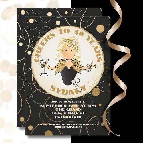 40th Birthday Black Gold Glitter Fabulous Birthday Invitation