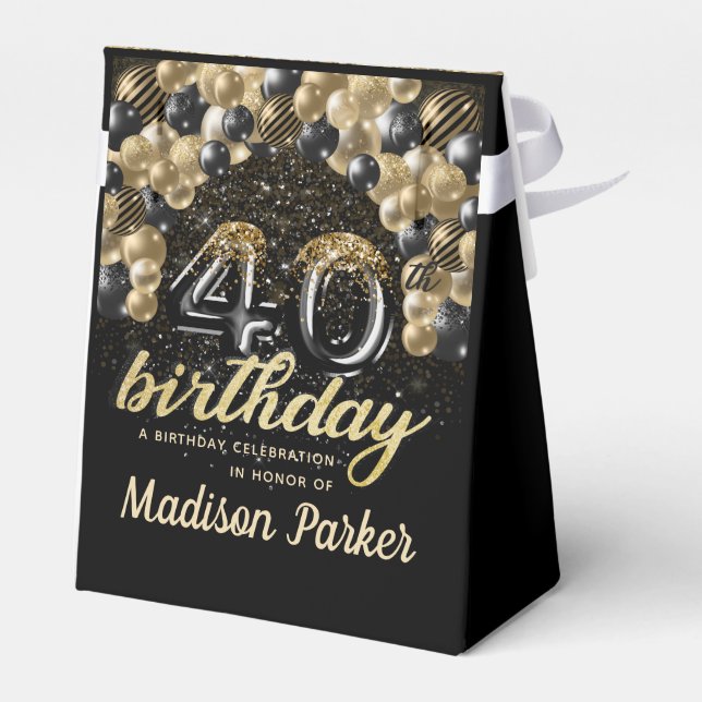 40th Birthday Black Gold Glitter Personalized Favor Boxes (Back Side)