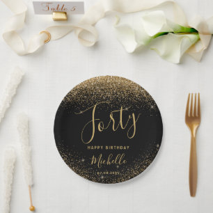 40th Birthday Black Gold Glitter Sparkle Name Paper Plates
