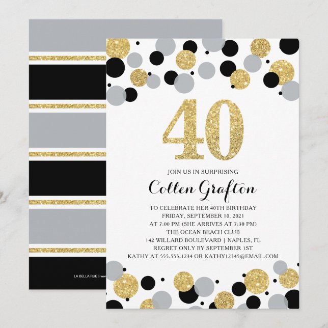 40th Birthday Black Gold Gray Glitter Confetti Invitation (Front/Back)