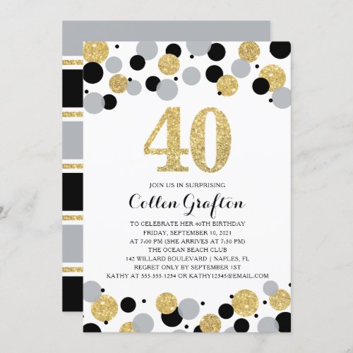 40th Birthday Black Gold Gray Glitter Confetti Invitation