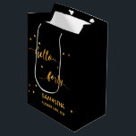 40th birthday black gold hello 40 name script medium gift bag<br><div class="desc">Elegant and modern for a 40th birthday party.  Black backdrop and faux gold text written with a trendy hand-lettered style script: hello forty. With golden dots as decor. Templates for name and date,  golden letters.</div>
