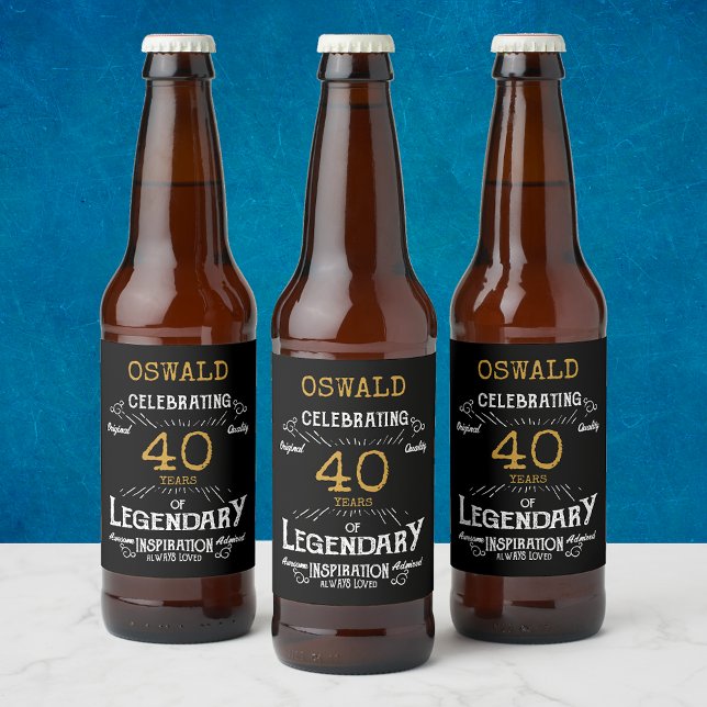 40th Birthday Black Gold  Legendary Funny Beer Bottle Label (A personalized elegant 40th birthday beer bottle label)