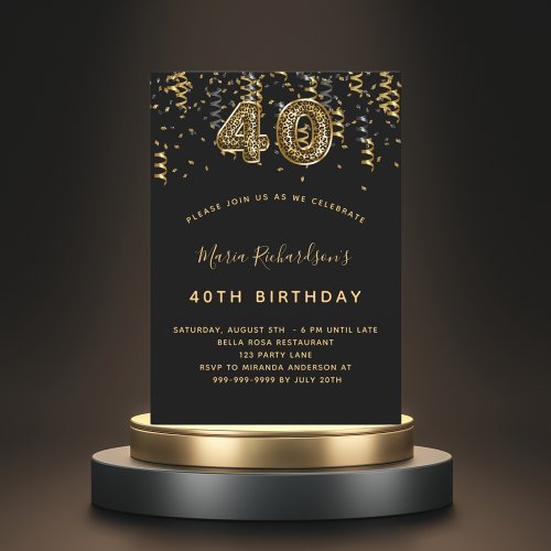 40th birthday black gold leopard pattern invitation