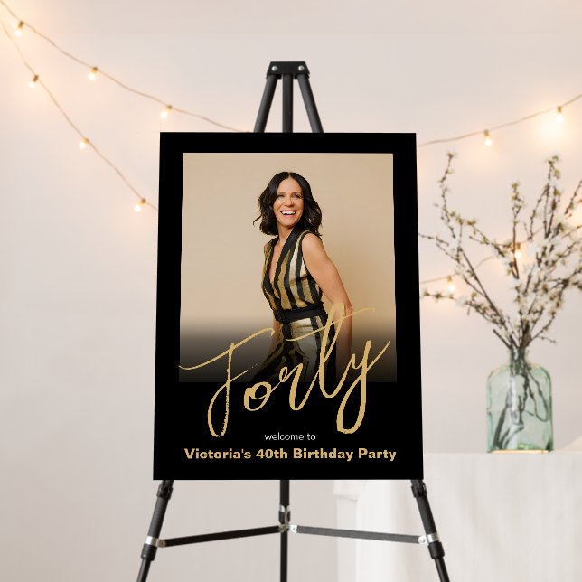 40th Birthday Black Gold Modern Photo Welcome Foam Board (In Situ (Stand))