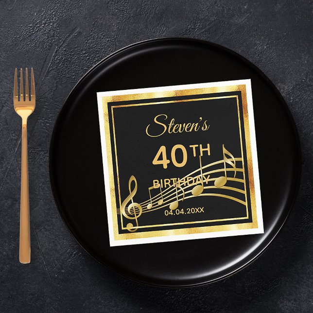 40th birthday black gold music name napkins (Creator Uploaded)