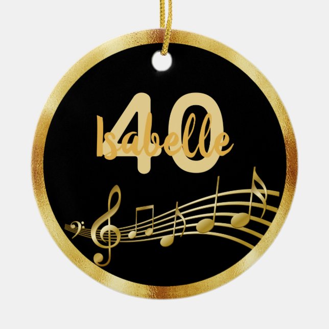 40th birthday black gold music notes ceramic ornament (Front)