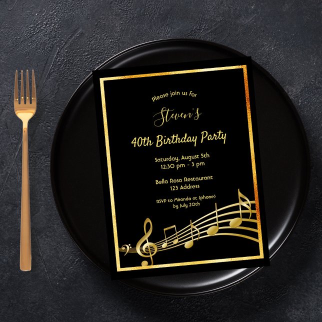 40th birthday black gold music notes invitation (Creator Uploaded)