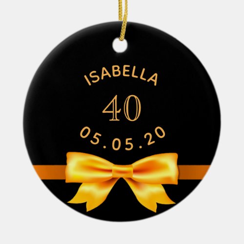 40th birthday black gold name elegant bow ceramic ornament