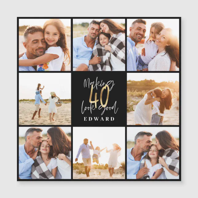 40th Birthday black gold photo collage | Zazzle