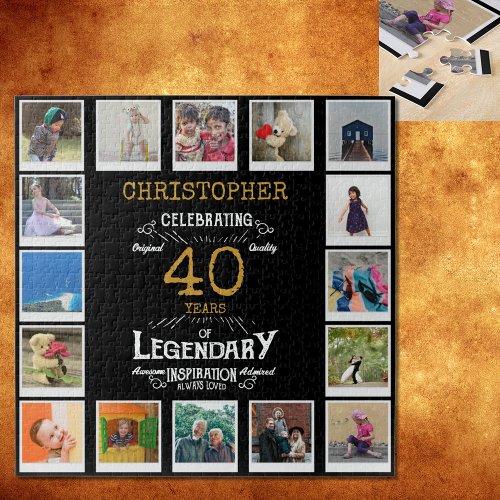 40th Birthday Black Gold Photo Collage Jigsaw Puzzle