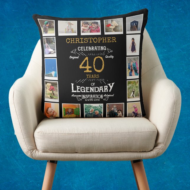 40th Birthday Black Gold Photo Collage Throw Pillow (Personalized 40th birthday gift throw pillow with 16 photos of your choice.)