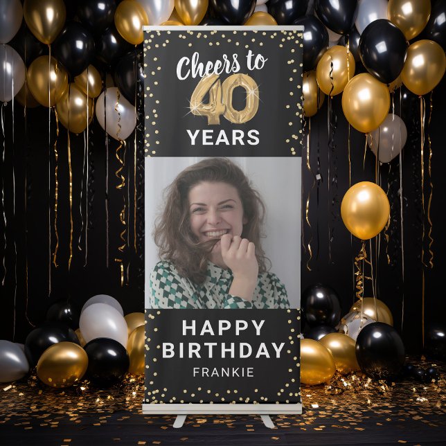 40th Birthday Black Gold Photo Retractable Banner (Creator Uploaded)