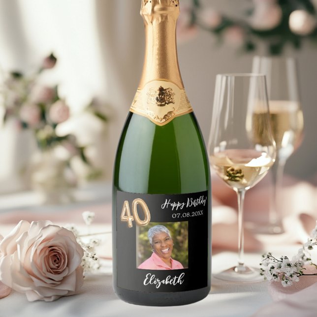 40th Birthday black gold photo Sparkling Wine Label (Creator Uploaded)