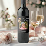 40th Birthday black gold photo Wine Label<br><div class="desc">A classic black background decorated. Personalize and add a date,  name and a photo.  Age number written with a balloon style font.</div>