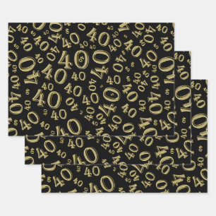 40th Birthday Black/Gold Random Number Pattern 40 Wrapping Paper Sheets