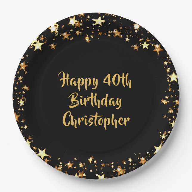 40th Birthday Black Gold Stars Name Paper Plates (Front)
