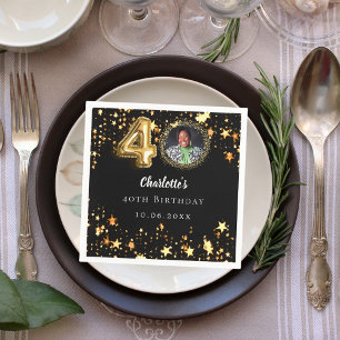 40th birthday black gold stars photo napkins