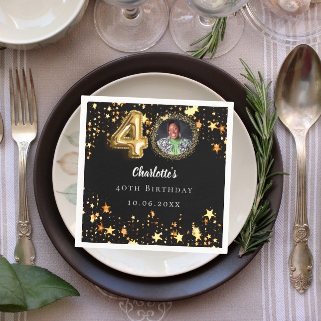 40th birthday black gold stars photo napkins (Creator Uploaded)