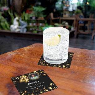 40th birthday black gold stars photo square paper coaster