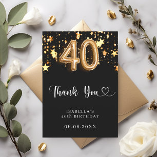 40th birthday black gold stars thank you card
