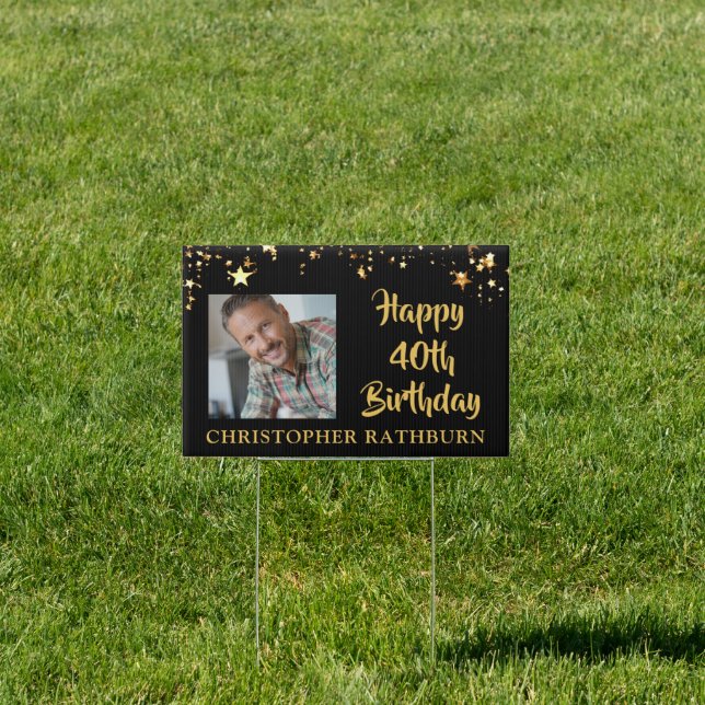 40th Birthday Black Gold Stars Two Photos Name Sign (Insitu)