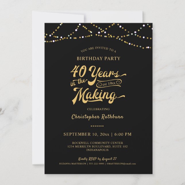40th Birthday Black Gold String Lights Invitation (Front)
