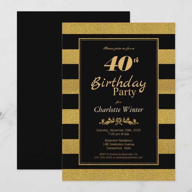 40th Birthday Black Gold Striped Party Invitation (Front/Back)