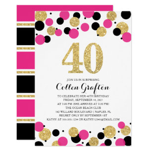40th birthday black hot pink gold glitter confetti invitation pink and black invitations