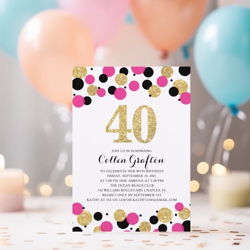 40th Birthday Black Hot Pink Gold Glitter Confetti Invitation
