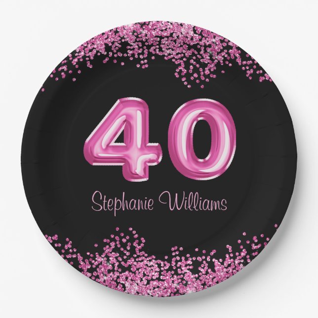 40th Birthday Black Pink Balloons Faux Glitter Paper Plates (Front)