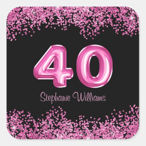 40th Birthday Black Pink Balloons  Faux Glitter Square Sticker