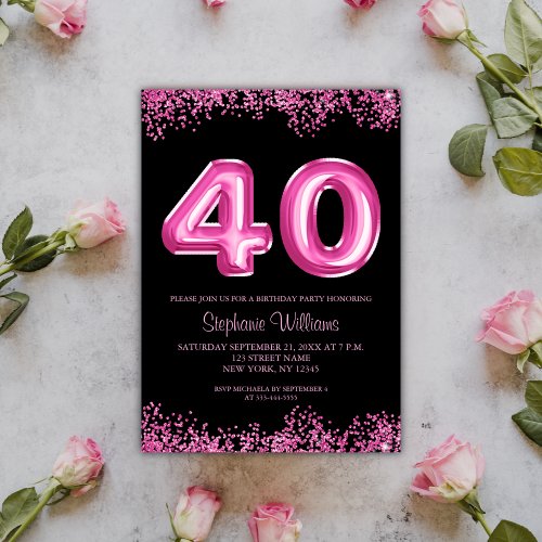 40th Birthday Black Pink Balloons Glitter Party Invitation