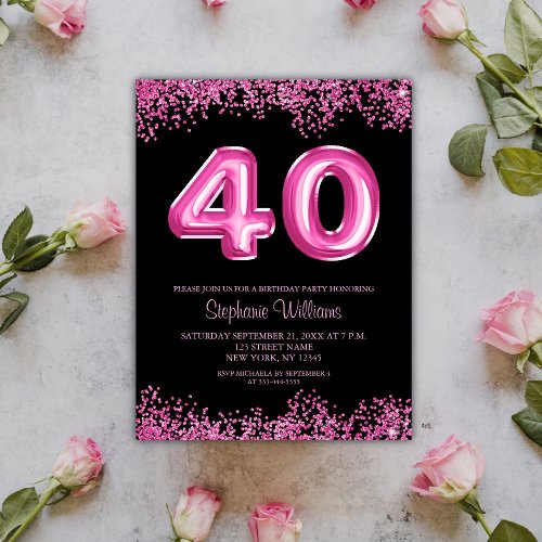 40th Birthday Black Pink Balloons Glitter Party Invitation Postcard