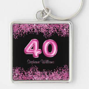 40th Birthday Black Pink Balloons Glitter Party Keychain