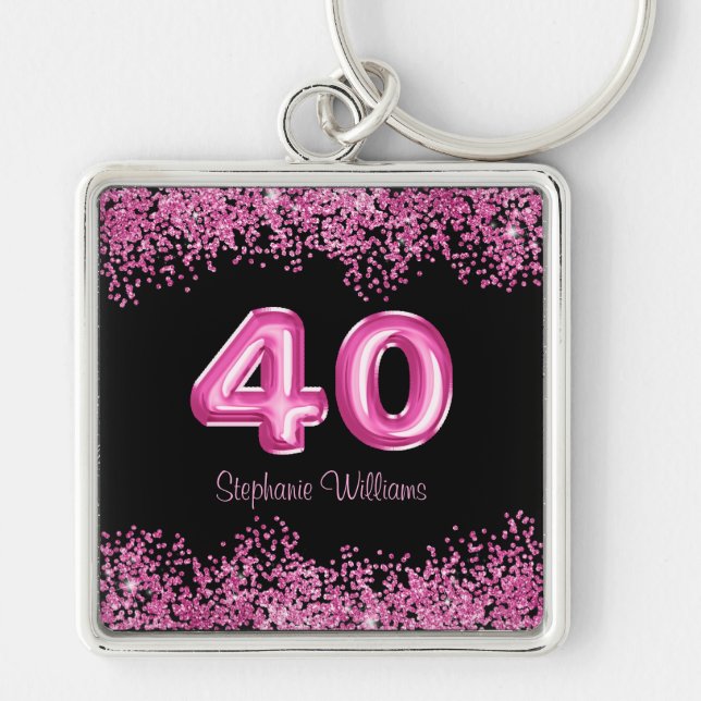 40th Birthday Black Pink Balloons Glitter Party Keychain (Front)