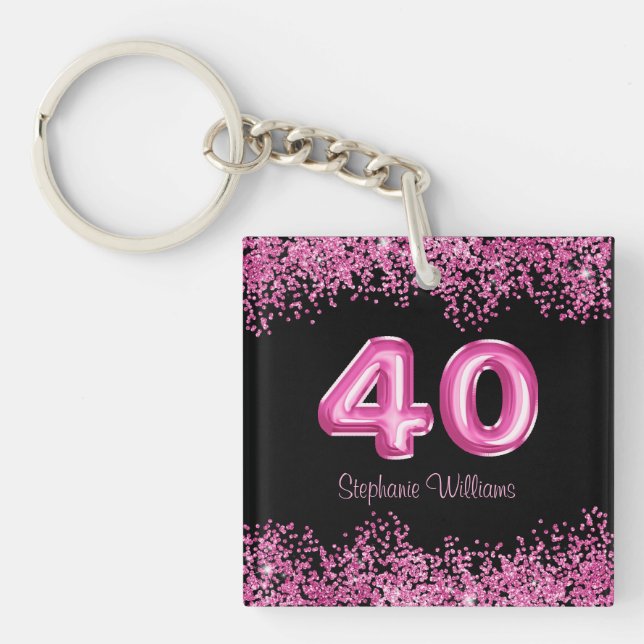 40th Birthday Black Pink Balloons Glitter Party Keychain (Front)