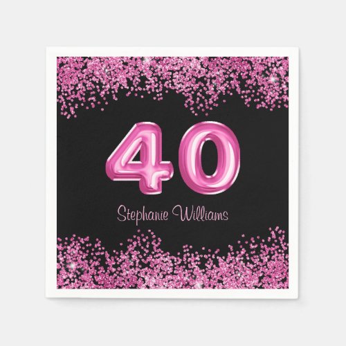 40th Birthday Black Pink Balloons Glitter Party  Napkins