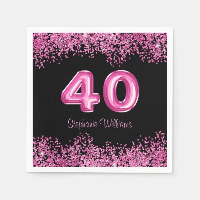 40th Birthday Black Pink Balloons Glitter Party  Napkins (Front)